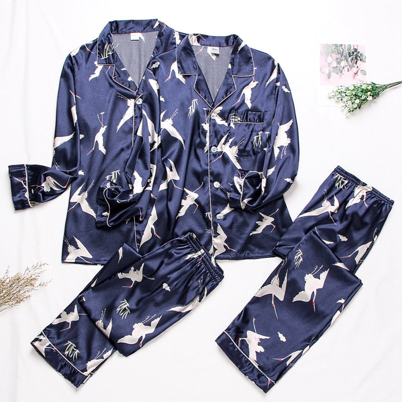Unisex Casual Silk Couple Pajamas