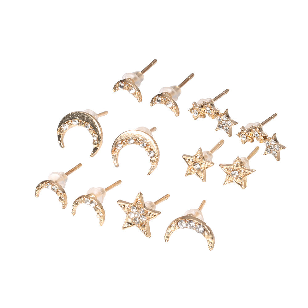 Celestial Sparkle: 6 Pairs of Stars and Moon Stud Earrings with Diamonds