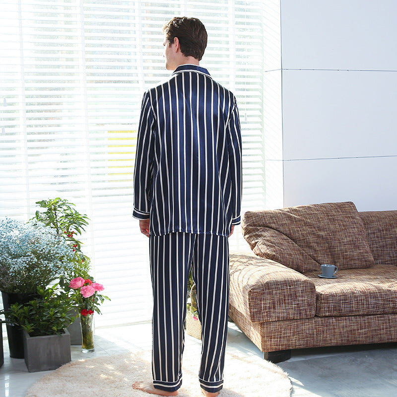 Men's Blue Stripe Simulated Silk Pajama Set